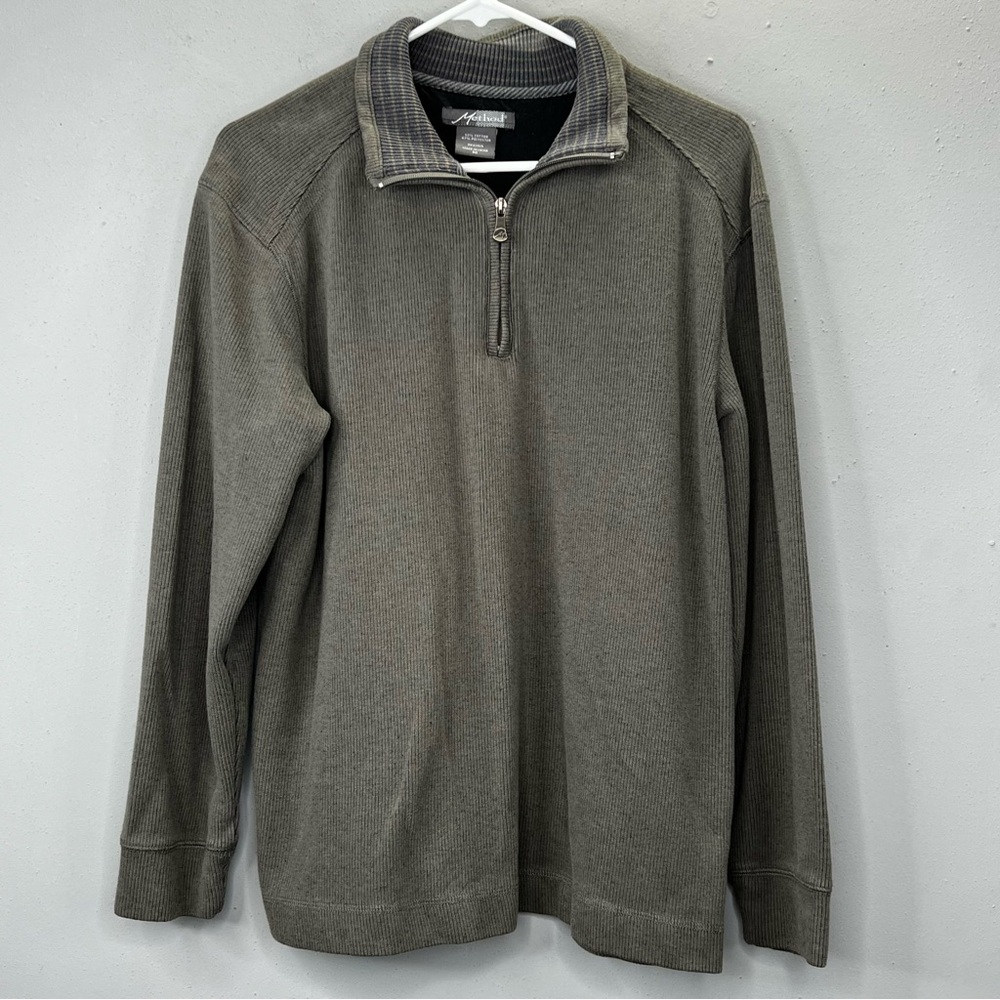 Method Quarter-Zip Olive Green Blue Stripe Detailing on Collar Medium Unisex